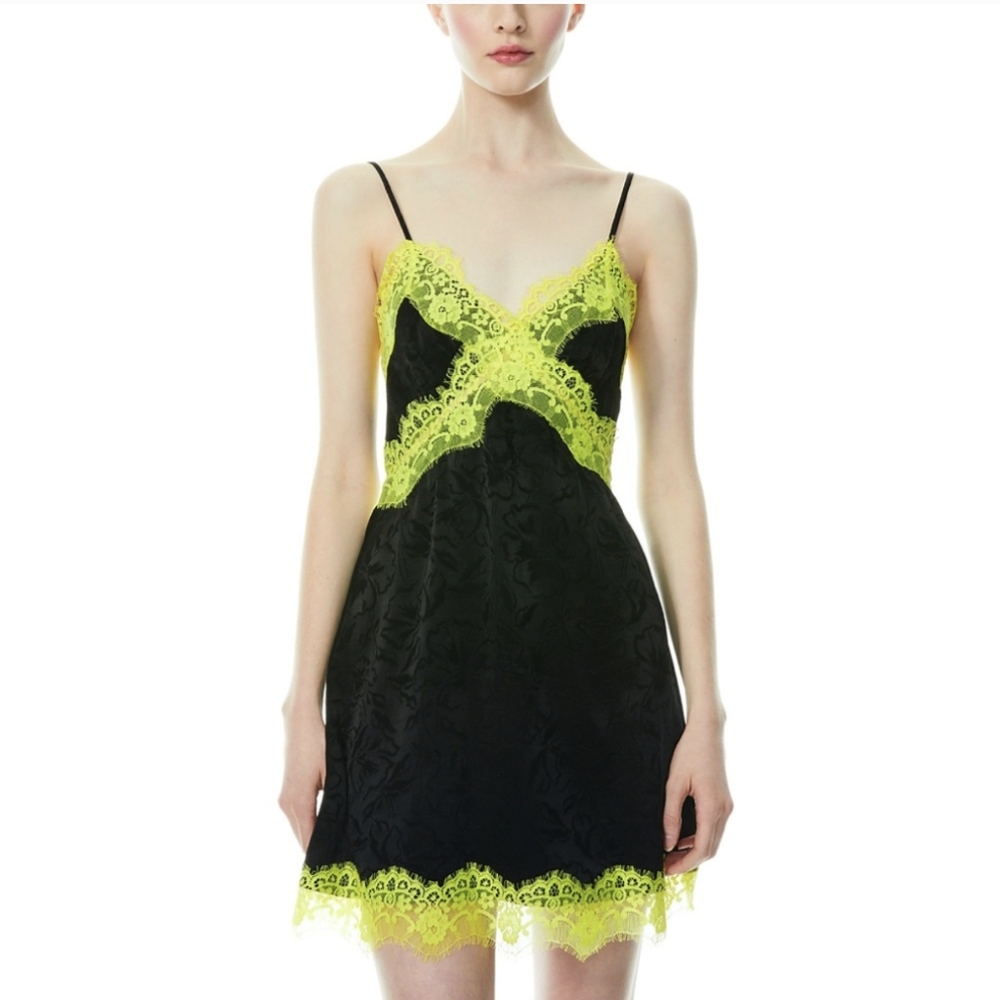 Alice + Olivia Black Slip Dress with Neon Yellow Lace Trim